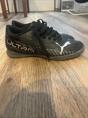 Puma Black Athletic indoor soccer cleats with White Puma Logo